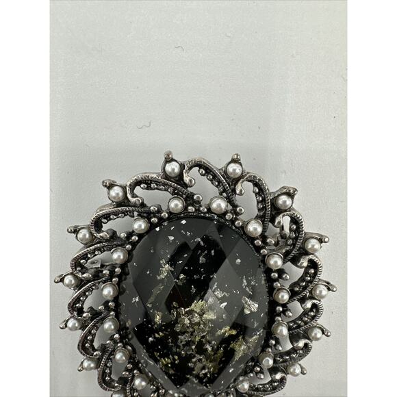 Vintage Stone & Faux Pearl Silver Brooch,  Black, J-01-19 - Picture 7 of 11